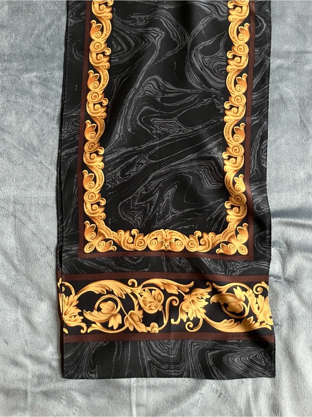 Liz Claiborne Black Silk Scarf with Gold Baroque Print